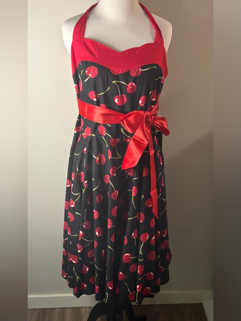 Pinup Girl Cherry Halter Dress With Satin Bows NWT - Picture 2 of 6